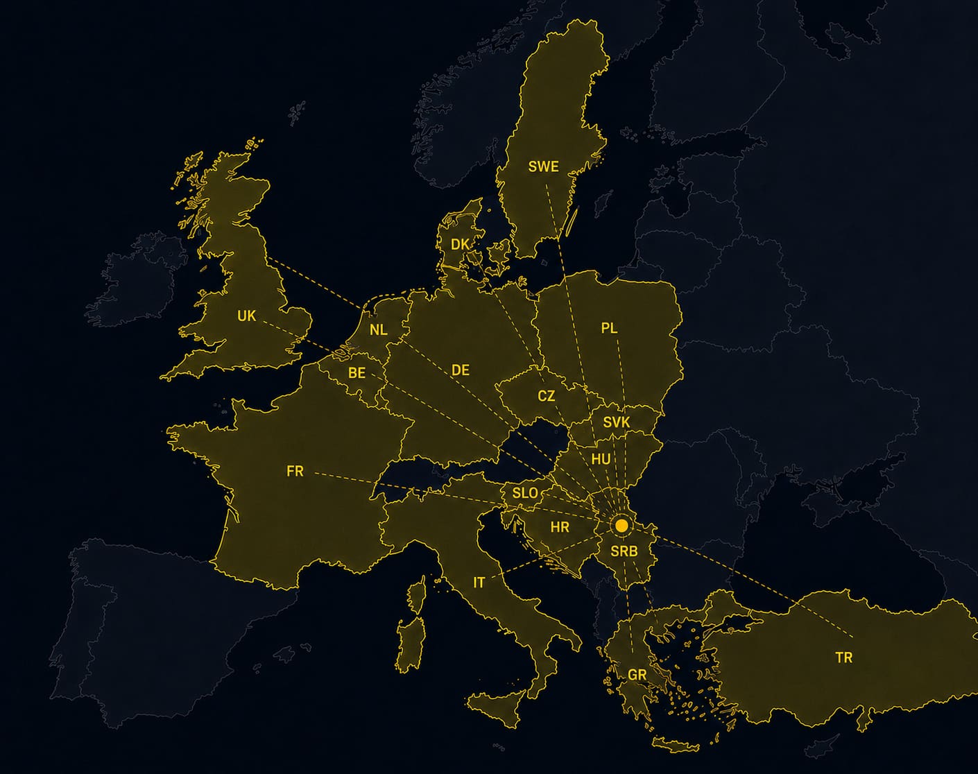 Mapa Evrope sa tržištima koja Jelovac Transport pokriva