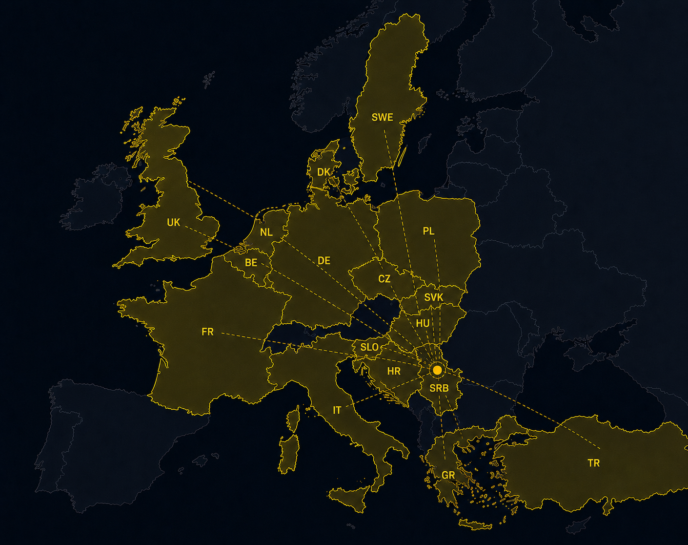 Mapa Evrope sa tržištima koja Jelovac Transport pokriva
